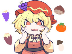Rule 34 | 1girl, aki minoriko, apron, blonde hair, blush, chahan (fried rice0614), chestnut, collared shirt, drooling, food, fruit, fruit hat ornament, grape hat ornament, grapes, hat, hat ornament, long sleeves, mob cap, mouth drool, mushroom, one-hour drawing challenge, open mouth, persimmon, red apron, red eyes, red hat, shirt, short hair, simple background, solo, sweet potato, touhou, upper body, white background, yellow shirt