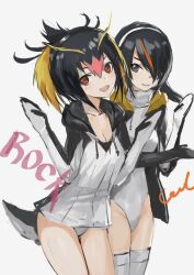 Rule 34 | 2girls, black eyes, black hair, blonde hair, blush, breasts, character name, cleavage, closed mouth, collarbone, commentary, gentoo penguin (kemono friends), hair between eyes, hair over one eye, hairband, hands up, hood, hoodie, infukun, jacket, kemono friends, long hair, long sleeves, looking at viewer, medium breasts, multicolored hair, multiple girls, one-piece swimsuit, open mouth, orange hair, penguin tail, penguins performance project (kemono friends), pink hair, red eyes, rockhopper penguin (kemono friends), short hair, simple background, smile, streaked hair, swimsuit, swimsuit under clothes, tail, thighhighs, white background, white hairband, white one-piece swimsuit, white thighhighs