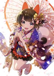 Rule 34 | 1girl, 2018, animal, animal ears, blue eyes, blush, brown hair, chinese zodiac, commentary request, dated, dog, dog ears, dog tail, eyeshadow, fake animal ears, fang, floral print, full body, hair ornament, highres, holding, holding umbrella, japanese clothes, kimono, looking at viewer, makeup, morikura en, nengajou, new year, open mouth, original, petals, pom pom (clothes), print kimono, shiba inu, short hair, solo, standing, tail, teeth, thick eyebrows, umbrella, wide sleeves, year of the dog