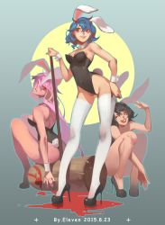 Rule 34 | 11zi, 3girls, absurdres, animal ears, artist name, ass, back, black hair, blood, blue background, blue hair, breasts, buck teeth, cleavage, covered navel, dated, detached collar, extra ears, front teeth, full body, gradient background, hammer, high heels, highleg, highres, inaba tewi, large breasts, leotard, light purple hair, long legs, looking at viewer, looking back, looking to the side, medium breasts, multiple girls, nail polish, one eye closed, open mouth, playboy bunny, rabbit ears, rabbit tail, red eyes, reisen udongein inaba, seiran (touhou), short hair, sitting, smile, squatting, tail, teeth, thighhighs, touhou, upper teeth only, white legwear, wrist cuffs
