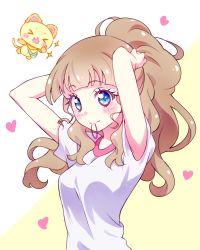 Rule 34 | 1girl, arms up, blue eyes, blush, breasts, brown hair, closed mouth, hair tie in mouth, hands in hair, heart, highres, kyoutsuugengo, long hair, looking at viewer, medium breasts, mewkledreamy, mouth hold, peko (mewkledreamy), ponytail, shirt, short sleeves, solo, stuffed animal, stuffed cat, stuffed toy, thumbs up, tsukishima maira, upper body, white shirt