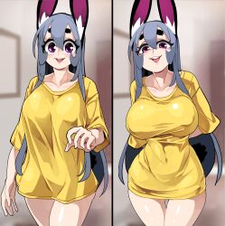 Rule 34 | 1girl, absurdres, animal ear fluff, animal ears, arm behind back, baggy clothes, before and after, bongfill, breasts, commentary, covered erect nipples, covered navel, curvy, english commentary, grey hair, highres, large breasts, long hair, meme, mole, mole under eye, naked shirt, original, pajamas challenge (meme), pulling own clothes, purple eyes, rabbit ears, rabbit girl, shirt, shirt overhang, smirk, solo, t-shirt, tank (bongfill), taut clothes, taut shirt, teeth, thick eyebrows, thigh gap, tight clothes, tight shirt, upper teeth only, very long hair, yellow shirt