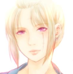 Rule 34 | 1girl, absurdres, blonde hair, closed mouth, earrings, facial scar, gintama, highres, jewelry, looking at viewer, paleatus, ponytail, portrait, purple eyes, scar, scar on cheek, scar on face, short hair, simple background, solo, tsukuyo (gintama), white background