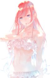 Rule 34 | 1girl, bare arms, bikini, blue eyes, cowboy shot, frilled bikini, frills, hand up, head tilt, highres, index finger raised, long hair, looking at viewer, navel, original, parted lips, red hair, simple background, solo, sousou (sousouworks), swept bangs, swimsuit, white background, white bikini