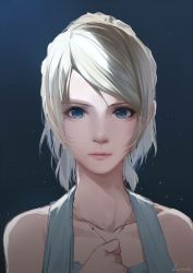 Rule 34 | 1girl, blonde hair, blue eyes, caidychen, character name, closed mouth, dress, final fantasy, final fantasy xv, highres, holding, holding jewelry, holding necklace, jewelry, lips, looking at viewer, lunafreya nox fleuret, necklace, nose, pink lips, short hair, solo, upper body, white dress