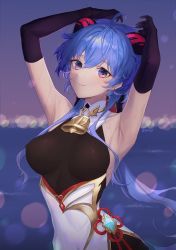 Rule 34 | ahoge, armpits, arms behind head, arms up, artist name, bell, black gloves, blue hair, blush, bow, breasts, chinese knot, covered erect nipples, elbow gloves, flower knot, ganyu (genshin impact), genshin impact, gloves, gold trim, highres, horns, idasu (hyun9164), light smile, long hair, looking at viewer, low ponytail, medium breasts, multicolored eyes, neck bell, sideboob, sidelocks, solo, twitter username, upper body, vision (genshin impact), wet
