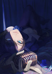 Rule 34 | 1girl, absurdres, ado (utaite), blue eyes, blue flower, blue petals, blue rose, blue theme, chando (ado), closed mouth, crossed legs, dark, flower, gloves, hair spread out, highres, holding, holding microphone, looking at viewer, lying, microphone, mole, mole under eye, nakauma, niconico, on back, pants, real life, rose, shadow, shirt, solo, upside-down, utaite, vintage microphone, white gloves, white shirt