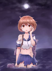Rule 34 | 10s, 1girl, bandaid, bandaid on arm, blood, blue skirt, bruise, cuts, damaged, hand on own face, highres, injury, kantai collection, light brown hair, looking at viewer, machinery, midriff, moon, navel, neckerchief, neit ni sei, night, night sky, oboro (kancolle), ocean, open mouth, pleated skirt, sailor collar, school uniform, serafuku, shirt, short hair, skirt, sky, solo, tears, torn clothes, torn shirt, torn skirt, wading