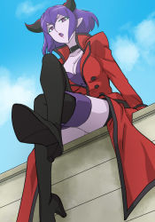 Rule 34 | 1girl, black collar, black footwear, black horns, black thighhighs, blue sky, boots, breasts, cleavage, cloud, collar, colored skin, day, haruyama kazunori, healin&#039; good precure, high heel boots, high heels, horns, long sleeves, looking at viewer, medium breasts, open mouth, outdoors, pink eyes, pink skin, pointy ears, precure, purple hair, shindoine, shoe soles, short hair, sitting, sky, solo, thigh boots, thighhighs, thighs