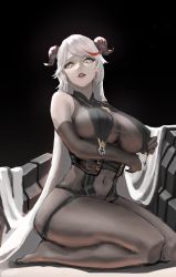 Rule 34 | 1girl, absurdly long hair, aegir (azur lane), azur lane, bare shoulders, black background, bodystocking, breast curtains, breasts, brown gloves, covered navel, cross, cross-laced clothes, cross earrings, demon horns, earrings, elbow gloves, full body, gloves, hanenoyuuki, highres, horns, iron cross, jewelry, large breasts, long hair, looking at viewer, multicolored hair, open mouth, red hair, simple background, solo, streaked hair, teeth, two-tone hair, upper teeth only, very long hair, white hair, yellow eyes