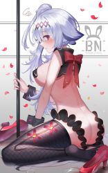 Rule 34 | 1girl, absurdres, amahara subaru, animal ears, ass, back, black thighhighs, bow, breasts, bunny girl, closed mouth, english text, from side, gradient background, grey background, hair between eyes, hair bun, high heels, highres, huge filesize, long hair, looking at viewer, looking to the side, medium breasts, original, pasties, petals, pink eyes, pole, puddle, rabbit ears, red bow, red footwear, shoes, short sleeves, side bun, sideways glance, silver hair, single hair bun, single side bun, sitting, solo, stripper pole, sweat, thighhighs, unworn shoes, wariza, water, wrist cuffs