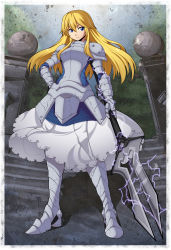Rule 34 | 1girl, absurdres, armor, armored dress, blue eyes, border, borrowed character, breastplate, chuunioniika, electricity, faulds, full armor, full body, gauntlets, greaves, hand on own hip, highres, long hair, original, pauldrons, polearm, serious, shoulder armor, solo, spear, standing, weapon