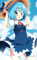Rule 34 | 1girl, alternate headwear, bad id, bad pixiv id, blue dress, blue eyes, blue hair, blue skirt, blue sky, blush, chestnut mouth, cirno, clothes lift, cloud, day, dress, dress lift, hands on headwear, hat, hat ribbon, highres, ice, ice wings, looking at viewer, matching hair/eyes, oniku (shimofuri-ke), open mouth, puffy sleeves, ribbon, shirt, short sleeves, skirt, sky, solo, straw hat, touhou, upskirt, wind, wind lift, wings