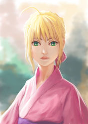 Rule 34 | 1girl, ahoge, alternate costume, artoria pendragon (all), artoria pendragon (fate), bad id, bad pixiv id, blonde hair, bow, fate/stay night, fate (series), fateline alpha, green eyes, hair bow, japanese clothes, kimono, lips, looking at viewer, obi, parted lips, pink bow, pink kimono, saber (fate), sash, sidelocks, solo, yukata
