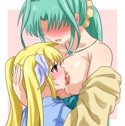 Rule 34 | 2girls, blonde hair, blush, breast sucking, breasts, collarbone, fate testarossa, green hair, hair ornament, hair ribbon, hand on another&#039;s head, hidden eyes, hug, inseki, jewelry, lactation, large breasts, lindy harlaown, long hair, lyrical nanoha, mahou shoujo lyrical nanoha, mahou shoujo lyrical nanoha a&#039;s, mother and daughter, multiple girls, necklace, nipples, no bra, open mouth, pink background, ponytail, raya (yuri15923), red eyes, ribbon, saliva, shiny skin, simple background, smile, tongue, twintails, yuri