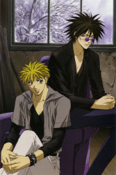 Rule 34 | 2boys, amano ginji, bare tree, black hair, black jacket, black shirt, blonde hair, blue pants, bracelet, brown eyes, buttons, chair, closed mouth, cloud, cloudy sky, collarbone, day, getbackers, grey jacket, grey pants, highres, indoors, jacket, jewelry, knee up, long sleeves, looking at viewer, male focus, midou ban, multiple boys, nakajima atsuko, open clothes, open jacket, own hands clasped, own hands together, pants, purple eyes, shirt, sitting, sky, smile, snow, spiked hair, sunglasses, tree, unbuttoned, window, wood