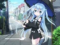 Rule 34 | 1girl, black shirt, black skirt, blue eyes, blush, breasts, building, child, closed mouth, day, eyebrows, gothic lolita, hair ornament, hair ribbon, kimagure blue, lolita fashion, long hair, looking at viewer, original, outdoors, ribbon, road, shirt, skirt, sky, small breasts, smile, solo, standing, street, thighhighs, two side up, umbrella, very long hair, white ribbon