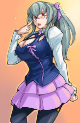 Rule 34 | 1girl, aquarion (series), aquarion evol, arm behind back, bespectacled, black pantyhose, blush, breasts, cleavage, cosplay, glasses, hair ribbon, hyougintou, large breasts, long hair, looking at viewer, magatama, mix (aquarion), mix (aquarion) (cosplay), aged up, open mouth, pantyhose, ponytail, puffy sleeves, red eyes, ribbon, rozen maiden, silver hair, skirt, solo, suigintou, tsuda nanafushi