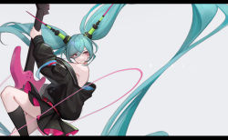Rule 34 | 1girl, aqua hair, bare shoulders, belt, black jacket, black socks, black skirt, cable, character name, closed mouth, commentary, electric guitar, facial mark, fake horns, feet out of frame, floating, floating hair, glint, grey background, guitar, hair between eyes, hatsune miku, highres, holding, holding instrument, horns, instrument, jacket, knee up, kneehighs, leaning back, letterboxed, long hair, long sleeves, looking away, looking back, miniskirt, off shoulder, pink eyes, puffy long sleeves, puffy sleeves, rookive, sideways glance, simple background, skirt, socks, solo, twintails, two-sided fabric, two-sided skirt, very long hair, vocaloid