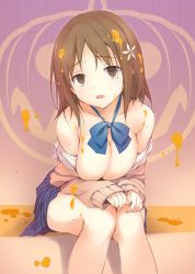 Rule 34 | 10s, 1girl, bare shoulders, blue bow, blue bowtie, blue skirt, blush, bow, bowtie, breasts, brown eyes, brown hair, cardigan, checkered clothes, checkered skirt, cleavage, collarbone, empty eyes, flower, food, hair flower, hair ornament, halloween, idolmaster, idolmaster cinderella girls, jack-o&#039;-lantern, knees together feet apart, large breasts, looking at viewer, matching hair/eyes, mimura kanako, off shoulder, parted lips, plaid, plaid skirt, pleated skirt, sakana (flame sakana), shadow, shirt slip, sitting, skirt, sleeves past wrists, slime (substance), solo, sweets, white flower