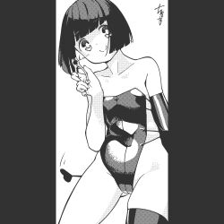 Rule 34 | 1girl, bare shoulders, blunt bangs, bob cut, commentary, elbow gloves, eyes visible through hair, flat chest, gloves, gluteal fold, greyscale, holding, holding pliers, huxiao (mistlakefront), leotard, monochrome, original, petite, pillarboxed, pliers, riding crop, short hair, signature, single elbow glove, single thighhigh, smile, solo, strapless, strapless leotard, thighhighs