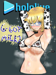 Rule 34 | 1girl, animal ears, animal print, armpit crease, armpit stubble, armpits, arms up, belly, bikini, bikini top only, blonde hair, blue eyes, blush, breasts, clock, company name, cow ears, cow horns, cow print, cow print bikini, cow tail, cowgirl outfit, ear tag, eddarxart, elbow gloves, english text, gear hair ornament, glasses, gloves, hair ornament, hololive, hololive english, holomyth, horns, lactation, lactation through clothes, large breasts, lip biting, looking at viewer, navel, navel piercing, one eye closed, piercing, print bikini, short hair, sideboob, solo, solo focus, steaming body, swimsuit, tail, underboob, virtual youtuber, watson amelia