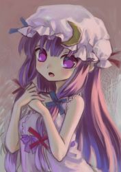 Rule 34 | 1girl, :o, ama-tou, bare shoulders, blush, crescent, crescent moon, female focus, hat, long hair, moon, open mouth, own hands together, patchouli knowledge, purple eyes, purple hair, sleeveless, solo, touhou, upper body
