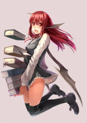 Rule 34 | 1girl, black dress, black thighhighs, blush, book, book stack, carrying, demon girl, demon wings, dress, head wings, highres, kanzen bouon, koakuma, loafers, long hair, long sleeves, open mouth, over-kneehighs, red eyes, red hair, shirt, shoes, simple background, solo, thighhighs, touhou, wings, zettai ryouiki