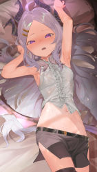 Rule 34 | 1girl, absurdres, ahoge, armpits, black skirt, black thighhighs, blue archive, breasts, hair ornament, hairclip, highres, hina (blue archive), horns, long hair, lying, navel, nuda, on back, open mouth, parted bangs, purple eyes, shirt, silver hair, skirt, sleeveless, sleeveless shirt, small breasts, solo, thighhighs, white shirt