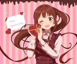Rule 34 | 1girl, :d, absurdres, blush, box, box of chocolates, brown hair, card, collared shirt, dashimeshi, dress, earrings, floating hair, happy valentine, head tilt, heart-shaped box, highres, holding, holding box, idolmaster, idolmaster million live!, idolmaster million live! theater days, jewelry, long bangs, long hair, long sleeves, looking at viewer, neck ribbon, one eye closed, open mouth, own hands together, pinafore dress, plaid, plaid dress, private dress (idolmaster million live!), raised eyebrows, red dress, red eyes, ribbon, shirt, sleeveless, sleeveless dress, smile, solo, striped background, tanaka kotoha, upper body, white ribbon, white shirt