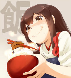 Rule 34 | 10s, 1girl, akagi (kancolle), blush, bowl, brown hair, chopsticks, food, food on face, gloves, japanese clothes, kantai collection, long hair, muneate, nagian, partially fingerless gloves, partly fingerless gloves, personification, rice, smile, solo, yugake