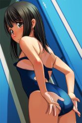 Rule 34 | 1girl, adjusting clothes, adjusting swimsuit, ass, black eyes, black hair, blue one-piece swimsuit, clothes pull, competition swimsuit, cowboy shot, dutch angle, from behind, highres, locker, looking at viewer, looking back, matsunaga kouyou, medium hair, one-piece swimsuit, one-piece swimsuit pull, one-piece tan, original, solo, swimsuit, tan, tanline