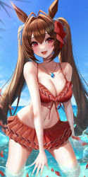 Rule 34 | 1girl, :d, absurdres, animal ears, bad id, bad pixiv id, bikini, blue sky, breasts, brown hair, cloud, daiwa scarlet (trifle vacation) (umamusume), daiwa scarlet (umamusume), day, fang, frilled bikini, frills, hair between eyes, hair ribbon, highres, horse ears, horse girl, jewelry, kudou (sikisiki0000), large breasts, long hair, looking at viewer, mole, mole on breast, navel, necklace, ocean, official alternate costume, open mouth, outdoors, partially submerged, petals, red bikini, red eyes, red ribbon, ribbon, sky, smile, solo, swimsuit, twintails, umamusume, wet