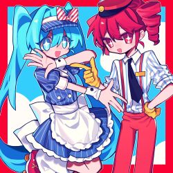 Rule 34 | 2girls, :d, absurdres, apron, black necktie, blue dress, blue eyes, blue hair, blue hat, blush, border, bow, buttons, cowboy shot, double-breasted, dress, drill hair, hair bow, hand up, hat, hatsune miku, highres, kasane teto, long hair, mesmerizer (vocaloid), multiple girls, necktie, open mouth, outside border, pants, pink eyes, pink hair, pink pants, pinstripe dress, pinstripe hat, pinstripe pattern, puffy short sleeves, puffy sleeves, red border, shirt, short sleeves, smile, sparkling eyes, standing, standing on one leg, striped bow, striped clothes, striped shirt, stylishtrash, twin drills, twintails, utau, very long hair, visor cap, vocaloid, waist apron