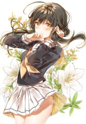 Rule 34 | 1girl, 3:, absurdres, ahoge, arm up, ayatsuki sugure, black hair, black shirt, blush, closed mouth, commentary request, cowboy shot, crying, crying with eyes open, floral background, flower, hand on own face, hand up, highres, long hair, long sleeves, low twintails, miniskirt, neckerchief, original, pleated skirt, sailor collar, school uniform, serafuku, shirt, skirt, solo, tears, thighs, twintails, white background, white flower, white sailor collar, white skirt, yellow eyes, yellow neckerchief