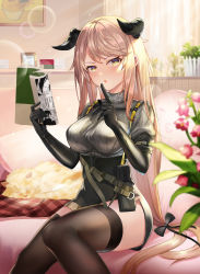 Rule 34 | 1girl, :o, arknights, belt, black bow, black gloves, black skirt, black thighhighs, blonde hair, book, bow, breasts, cat, couch, elbow gloves, feet out of frame, flower, gloves, grey sweater, hair bow, hands up, high-waist skirt, highres, holding, holding book, horns, index finger raised, indoors, large breasts, lens flare, long hair, looking at viewer, manga (object), meteorite (arknights), miniskirt, parted lips, pencil skirt, picture frame, pink flower, pouch, sitting, skirt, sweater, thighhighs, thighs, turtleneck, turtleneck sweater, very long hair, xibianyoushu, yellow eyes, zettai ryouiki