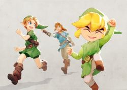 Rule 34 | 3boys, blonde hair, blue eyes, dual persona, gloves, hat, highres, link, long hair, looking at viewer, male focus, multiple boys, niko geyer, nintendo, open mouth, pointy ears, short hair, simple background, smile, super smash bros., the legend of zelda, the legend of zelda: breath of the wild, the legend of zelda: majora&#039;s mask, the legend of zelda: ocarina of time, the legend of zelda: the wind waker, toon link, tunic, young link