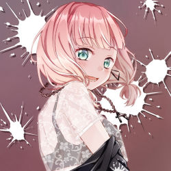 Rule 34 | 1girl, aqua eyes, bang dream!, black bra, black jacket, bra, chain, chain necklace, earrings, from side, jacket, jewelry, looking at viewer, low twintails, necklace, nekojarashi (r-grey), off shoulder, open mouth, paint splatter, paint stains, pendant, pink hair, see-through, smile, solo, splatter print, twintails, uehara himari, underwear, upper body