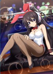Rule 34 | 1girl, animal ears, artist request, black footwear, black hair, blue eyes, bow, bowtie, breasts, brown pantyhose, cityscape, cleavage, couch, detached collar, dutch angle, fake animal ears, high heels, highres, infinite stratos, lens flare, leotard, long hair, looking at viewer, medium breasts, official art, pantyhose, playboy bunny, ponytail, rabbit ears, rabbit tail, red bow, red bowtie, shinonono houki, sitting, smile, solo, sparkle, split ponytail, tail, third-party source, white leotard, wrist cuffs