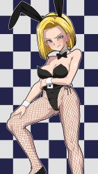 Rule 34 | 1girl, android 18, animal ears, bare shoulders, black leotard, blonde hair, breasts, cleavage, detached collar, dragon ball, dragonball z, earrings, fake animal ears, fishnet pantyhose, fishnets, jewelry, leotard, looking at viewer, ome (mercury cigarette), pantyhose, playboy bunny, rabbit ears, short hair, solo, strapless, strapless leotard, wrist cuffs
