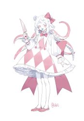 Rule 34 | 1girl, asphyxia17, blue tongue, bow, bowtie, cephalopod eyes, colored tongue, commentary request, double bun, dress, fang, frilled dress, frills, hair bow, hair bun, highres, holding, holding knife, knife, kuroda juuichi, long sleeves, mary janes, pantyhose, petticoat, pink bow, pink bowtie, pink eyes, pink footwear, puffy long sleeves, puffy sleeves, shoes, short hair with long locks, solo, tentacle hair, utau, white dress, white hair, white pantyhose