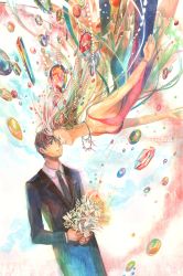 Rule 34 | 1boy, 1girl, bouquet, couple, crystal, dress, closed eyes, floating, flower, formal, fuzichoco, gem, hetero, highres, jewelry, lily (flower), long hair, lots of jewelry, necklace, original, red dress, suit, traditional media, very long hair