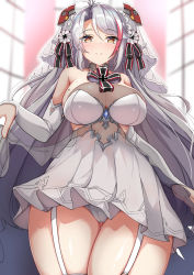 Rule 34 | &gt; &lt;, 1girl, absurdres, antenna hair, azur lane, blurry, blurry background, blush, breasts, bridal veil, brown eyes, closed eyes, closed mouth, commentary request, depth of field, dress, folding fan, from below, garter straps, grey hair, hair between eyes, hand fan, headgear, highres, huge filesize, indoors, large breasts, long hair, looking at viewer, looking down, mole, mole on breast, moyoron, multicolored hair, official alternate costume, panties, prinz eugen (azur lane), prinz eugen (symphonic fate) (azur lane), red hair, see-through, sketch, smile, streaked hair, thighhighs, underwear, veil, very long hair, wedding dress, white dress, white panties, white thighhighs, window