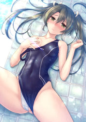 Rule 34 | 1girl, bare arms, bare legs, bare shoulders, black one-piece swimsuit, blush, breasts, closed mouth, collarbone, competition swimsuit, green eyes, green hair, hair between eyes, hair ribbon, kantai collection, long hair, medium breasts, one-piece swimsuit, partially visible vulva, ribbon, ryu-akt, solo, swimsuit, twintails, white ribbon, zuikaku (kancolle)