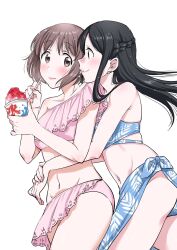 2girls bikini black_hair blue_bikini blush breasts brown_hair cleavage eye_contact fragtime highres holding long_hair looking_at_another medium_hair moritani_misuzu multiple_girls murakami_haruka navel sato_(99yen_kin&#039;itsu) short_hair smile swimsuit yuri