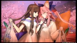 Rule 34 | 10s, 2girls, animal ear fluff, animal ears, apron, bag, blush, breasts, brown hair, cherry blossoms, choker, cleavage, company name, copyright name, dress, eyebrows, fate/extella, fate/extra, fate (series), fox ears, fox tail, game cg, groceries, kappougi, kishinami hakuno (female), long hair, multiple girls, official alternate costume, official art, pink hair, plastic bag, tail, tamamo (fate), tamamo no mae (fate/extra), twintails, wada arco, white dress, wife and wife, yuri