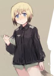Rule 34 | 1girl, bad id, bad twitter id, blonde hair, blue eyes, bob cut, brown hair, dog tail, erica hartmann, holding, long sleeves, military, military uniform, multicolored hair, ohashi (hashidate), short hair, simple background, solo, strike witches, tail, two-tone hair, uniform, world witches series