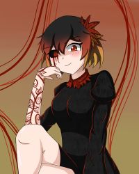 Rule 34 | 1girl, aki shizuha, alternate costume, alternate hair color, arm tattoo, arm up, black dress, black sclera, blood, blood on face, breasts, brown background, colored sclera, commentary, crossed legs, dark persona, dress, elbow rest, english commentary, feet out of frame, gradient background, gradient hair, hair between eyes, hair ornament, halloween, hand on own face, head rest, highres, juliet sleeves, leaf, leaf hair ornament, light smile, long sleeves, looking at viewer, maple leaf, medium breasts, mismatched sclera, multicolored hair, puffy sleeves, red eyes, redleaf64, sitting, solo, tattoo, touhou