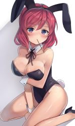 Rule 34 | 10s, 1girl, animal ears, bare shoulders, blush, breasts, rabbit ears, rabbit tail, cleavage, detached collar, fake animal ears, food, highres, large breasts, leotard, looking at viewer, love live!, love live! school idol project, motokonut, mouth hold, nishikino maki, playboy bunny, pocky, pocky day, purple eyes, red hair, short hair, sitting, solo, tail, wariza, wrist cuffs