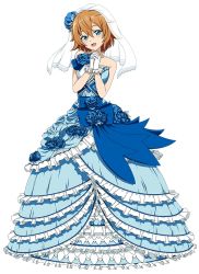 Rule 34 | 1girl, aqua eyes, dress, frilled dress, frills, gloves, looking at viewer, non-web source, official art, open mouth, orange hair, own hands together, philia (sao), short hair, simple background, solo, sword art online, veil, white background, white gloves
